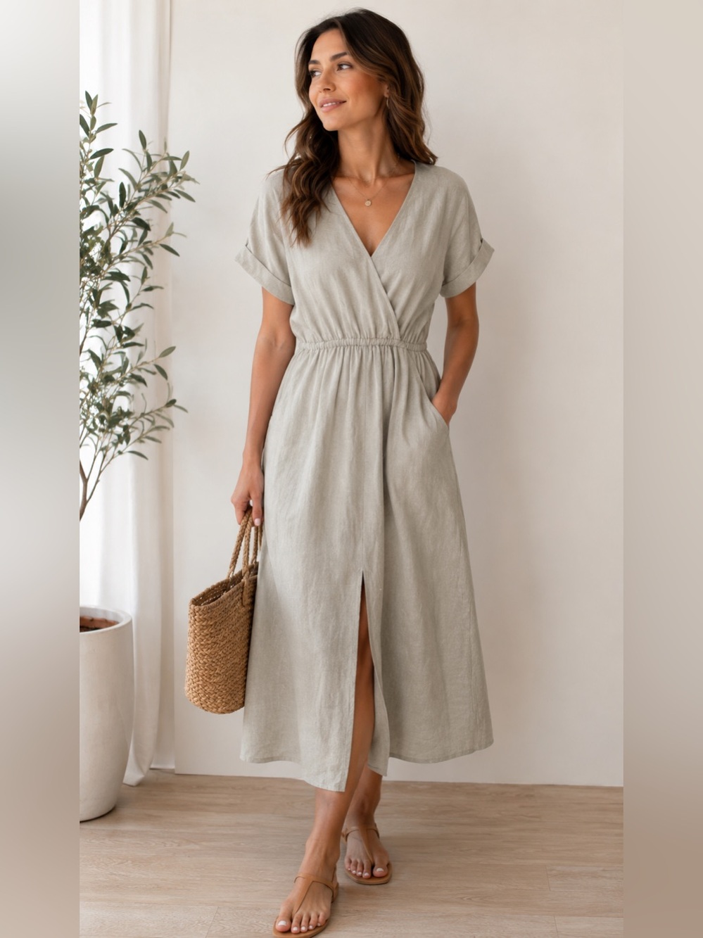 Karen Kane Taupe Linen Blend Midi‎ Dress Faux Wrap Elastic Waist Pockets Size S